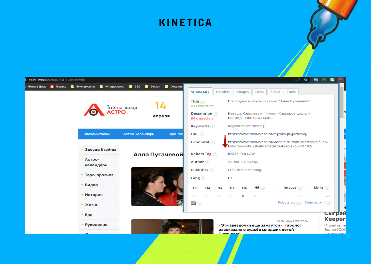 Canonical теговой страницы Аллы Пугачевой ведет на стороннюю статью — страница выпадает из индекса